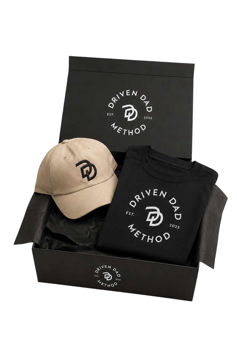 The DrivenDad founding welcome kit — box with the DD cap, Method tee, and emblem